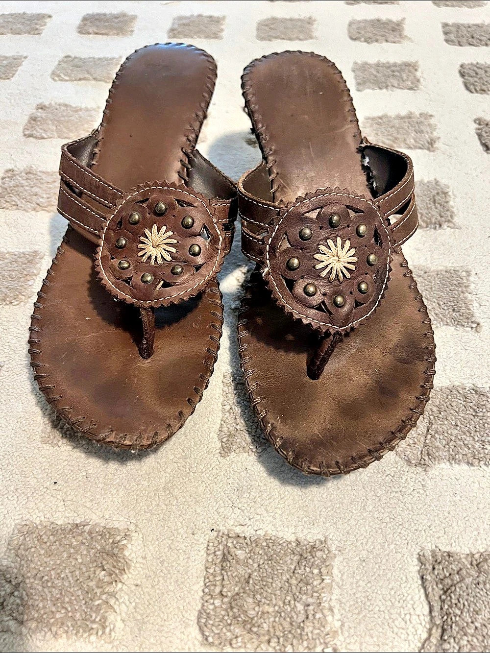 Studded Brown Leather-Look Heeled Sandals